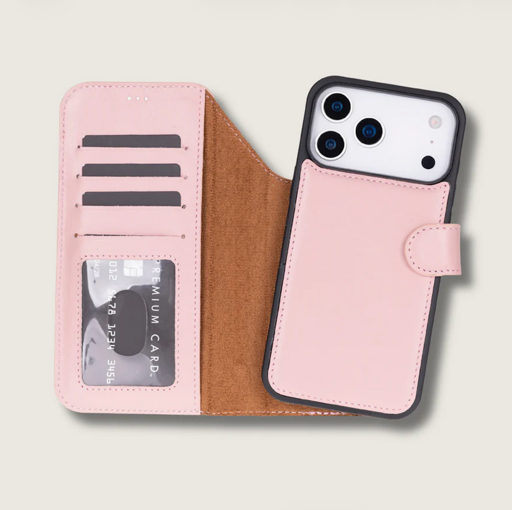 Leather iPhone 17 Pro Wallet Case – Pink