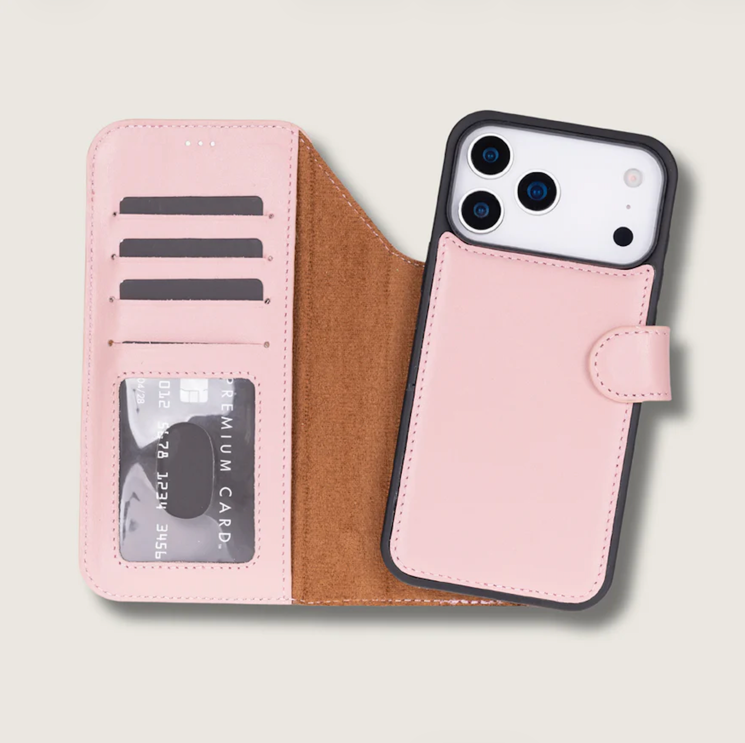 Leather iPhone 17 Pro Wallet Case – Pink