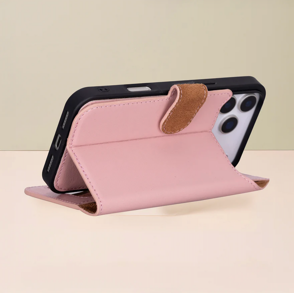 Leather iPhone 17 Pro Wallet Case – Pink