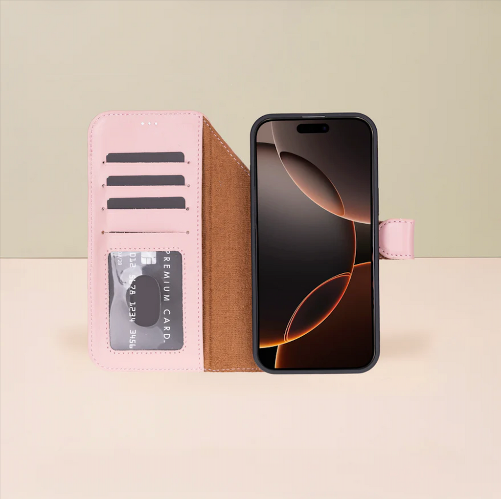 Leather iPhone 17 Pro Wallet Case – Pink
